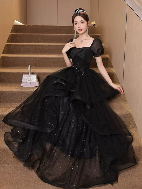 Black A-line Tulle Short Sleeves Layers Long Formal Dress, Black Tulle Prom Dress